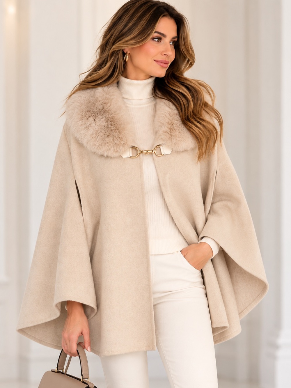 Brand New Vince Camuto Cream Beige Faux Fur Collar Cape Poncho Gold Clasp OS
